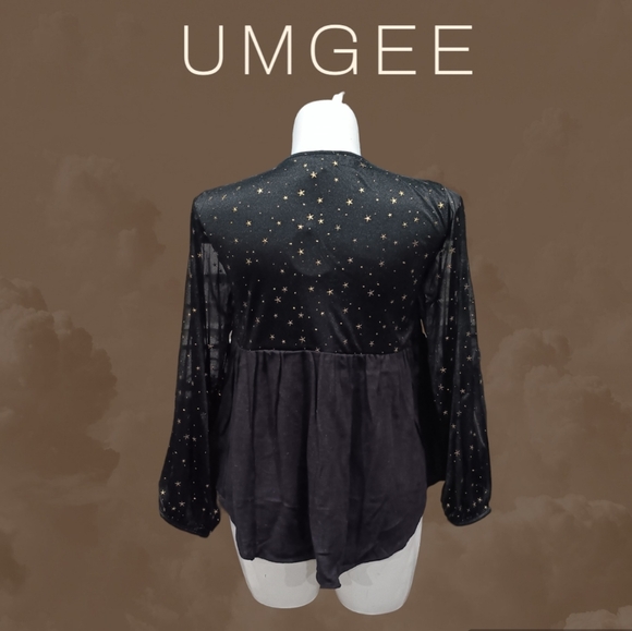 UMGEE Peasant Blouse Ballon Sheer Sleeve Plunge Neck Casual Top Gold Accent Sz M - Picture 4 of 12